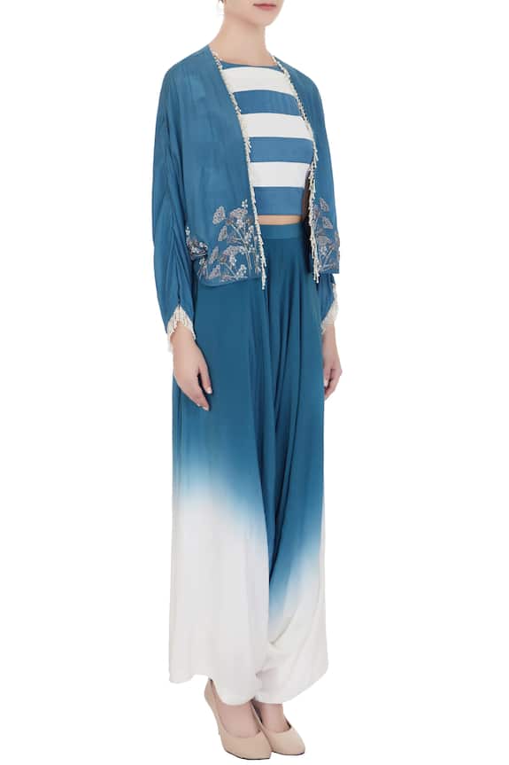 Eclat by Prerika Jalan Blue Silk Chanderi Embroidered Jacket And Draped Pant Set 3
