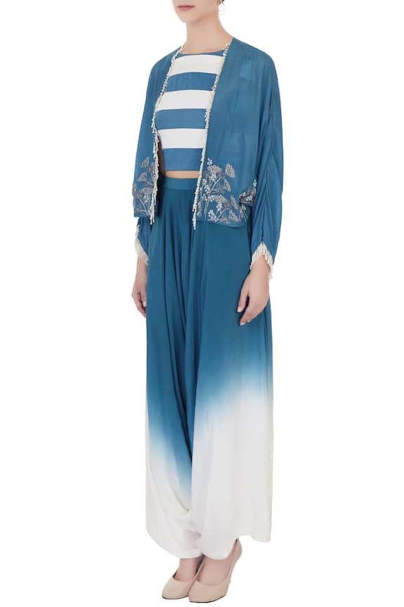 Eclat by Prerika Jalan Blue Silk Chanderi Embroidered Jacket And Draped Pant Set 4