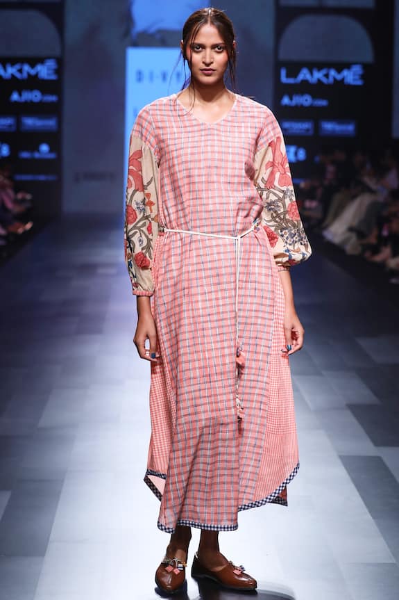 Divya Sheth Pink Handwoven Cotton Dress With Belt 1