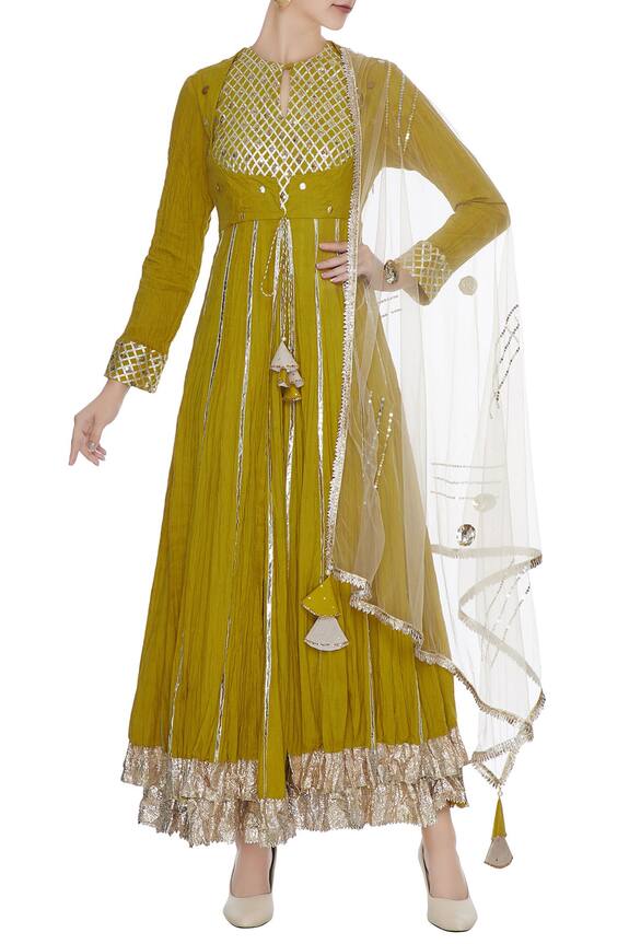 Priyanka Singh Green Mustard Organic Cotton Gota And Sequin Double Layered Anarkali Kurta 1