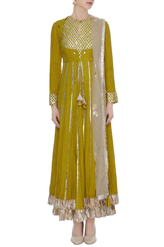 Priyanka Singh Green Mustard Organic Cotton Gota And Sequin Double Layered Anarkali Kurta 5
