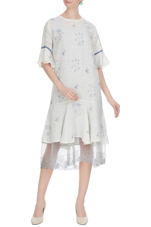 Eka White Linen Block Printed Dress 1