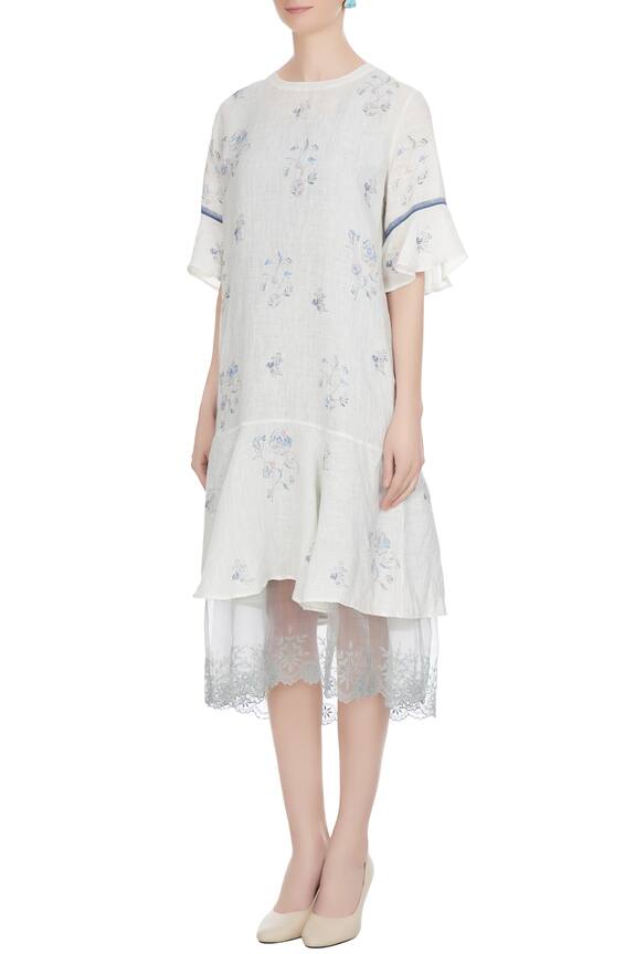 Eka White Linen Block Printed Dress 4