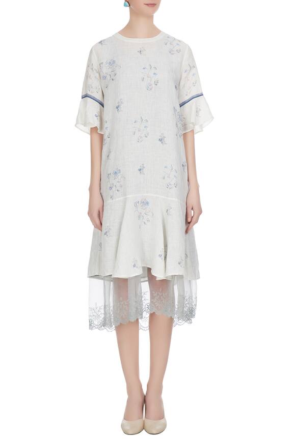 Eka White Linen Block Printed Dress 5