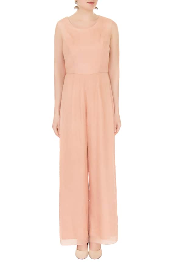 Nidzign Couture Peach Crepe Georgette Jumpsuit With Embroidered Cape 5