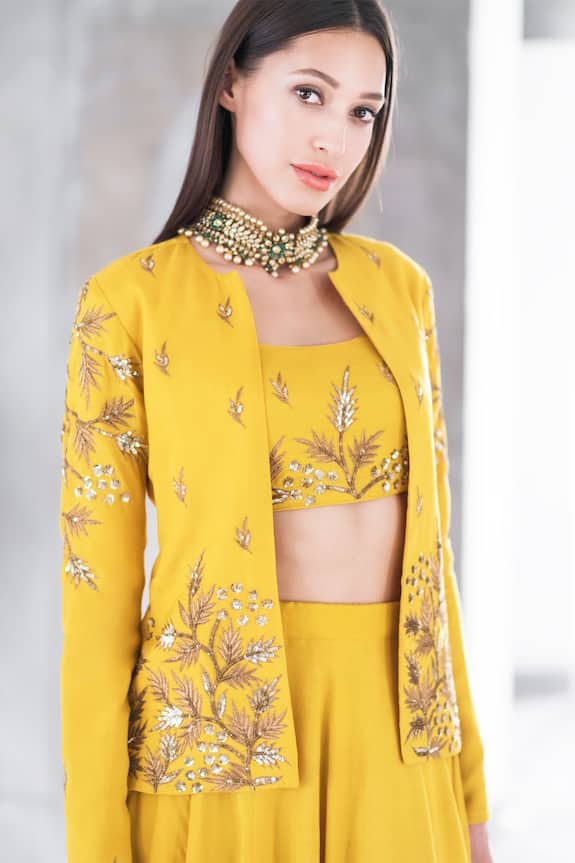 Prathyusha Garimella Yellow Crepe Embroidered Jacket And Lehenga Set 3