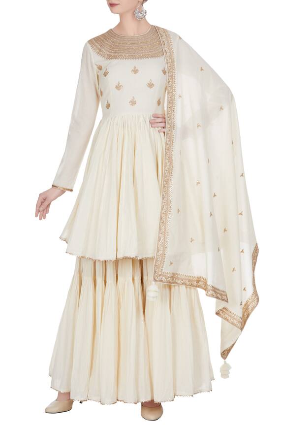 Punit Balana Off White Embroidered Short Flared Anarkali With Gharara And Dupatta. 0