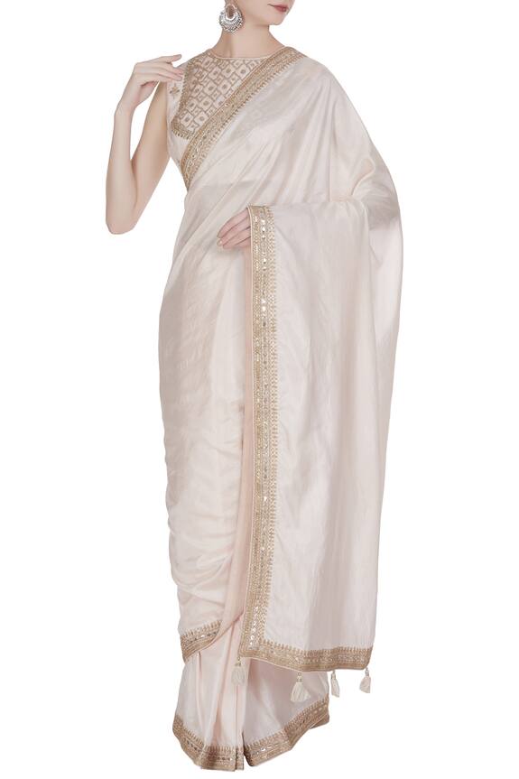 Punit Balana Pink Embroidered Sleeveless Blouse With Lace Border Saree. 1