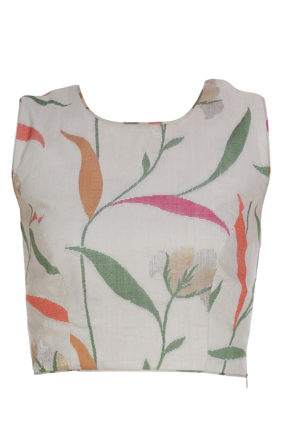 Label : Anushree Off-white Printed Crop Top With Banarasi Work Skirt 6