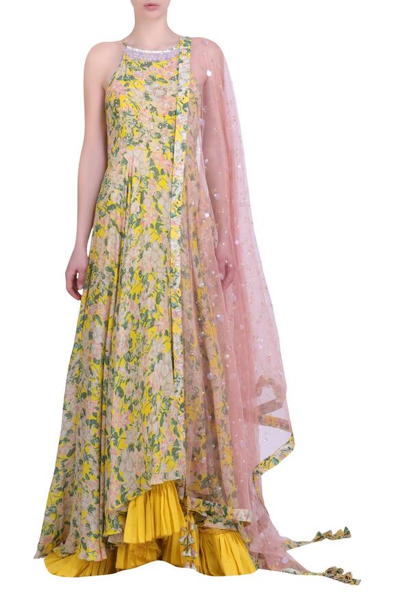 Nikasha Yellow Crepe Printed Anarkali With Dupatta 0