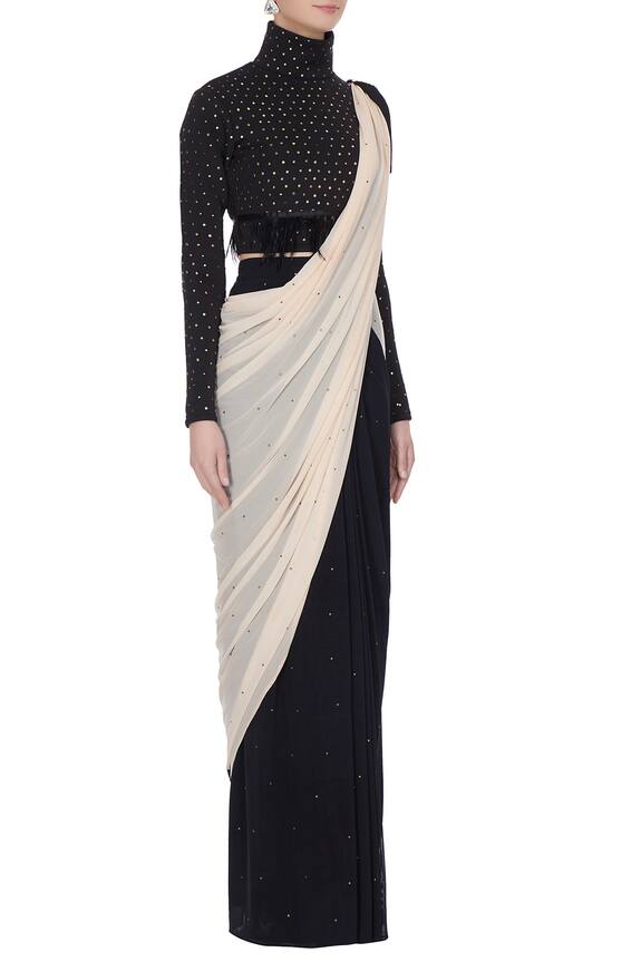 Pooja Rajpal Jaggi_Black And Cream Embellished Concept Saree With High Neck Blouse_Online_at_Aza_Fashions