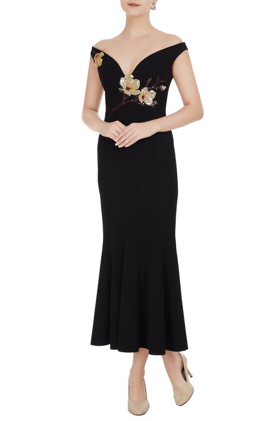 Gauri & Nainika Black Off Shoulder Embroidered Dress 0