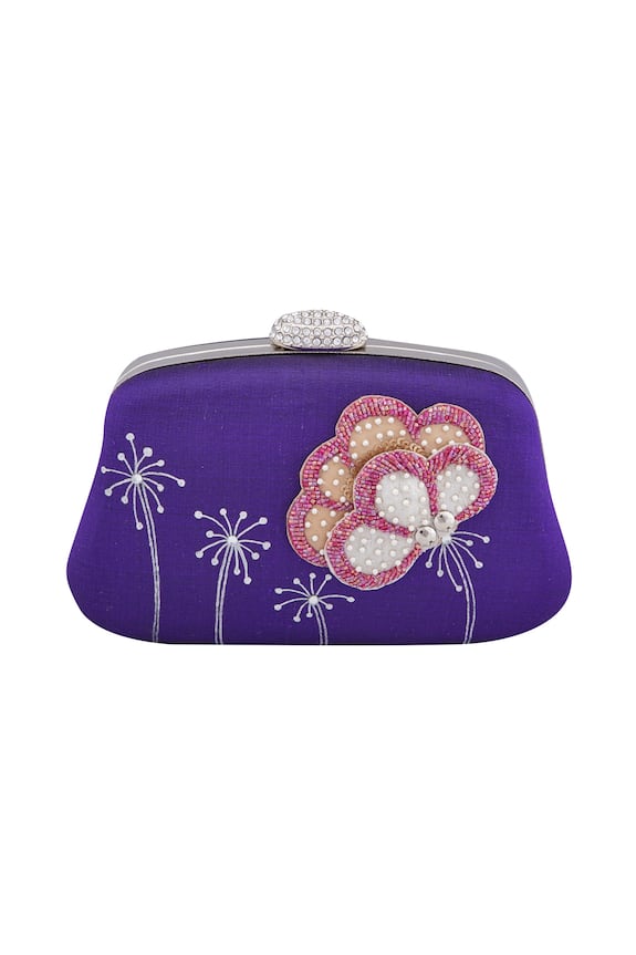 Crazy Palette Purple 3d Floral Patchwork And Hand-embroidered Clutch 1