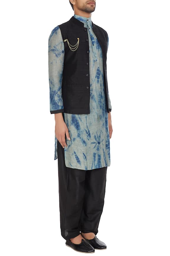 Bohame Black Raw Silk Nehru Jacket With Tie-dye Kurta And Pants 3