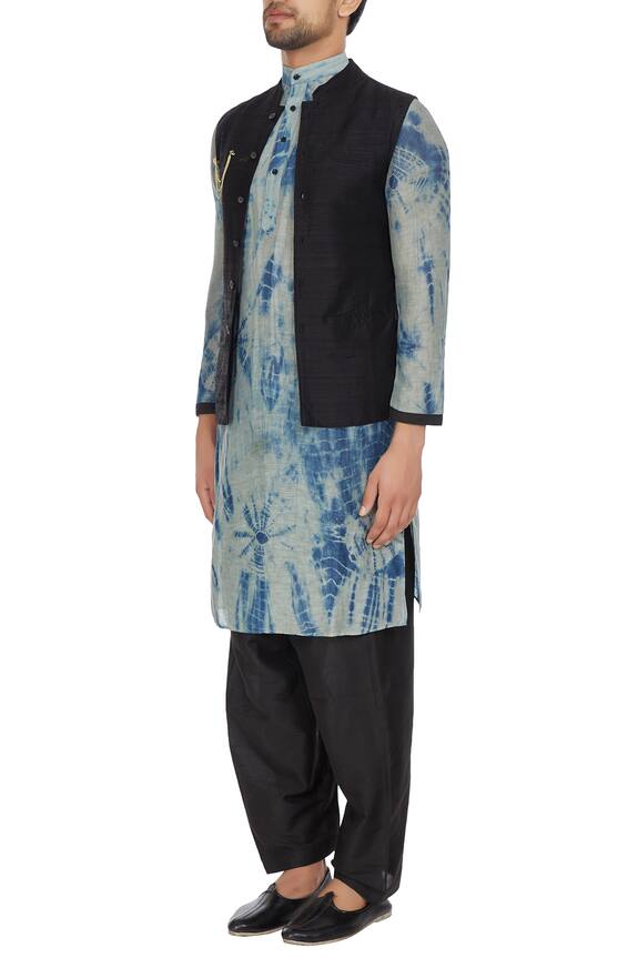 Bohame Black Raw Silk Nehru Jacket With Tie-dye Kurta And Pants 4