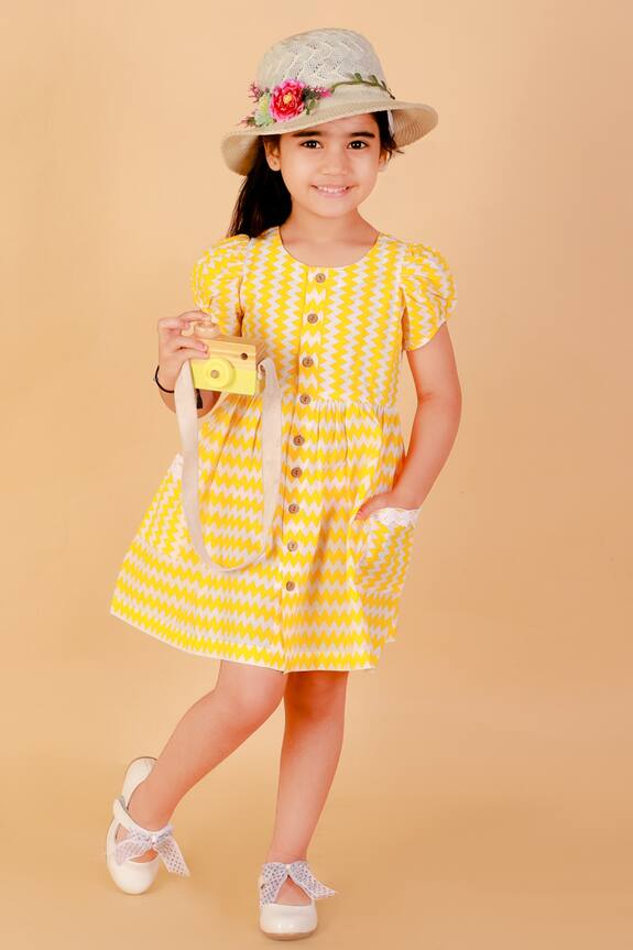 Lil Drama Yellow Cotton Printed Dress For Girls 0