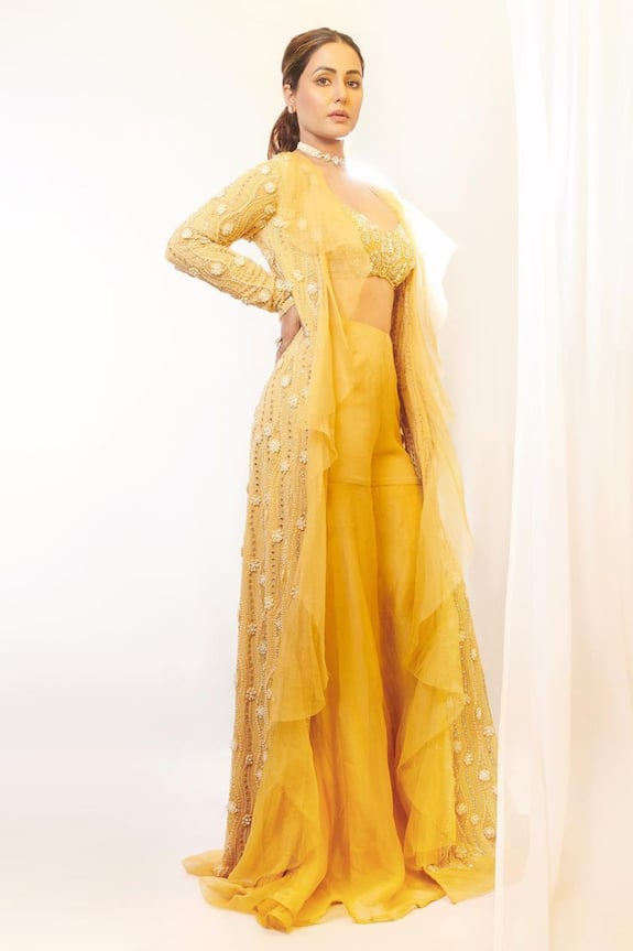 Ridhima Bhasin Yellow Georgette Embroidered Jacket Sharara Set 1