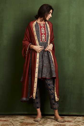 Women Mauve Cotton Anarkali With Ajrakh Hand Block Print main image 0