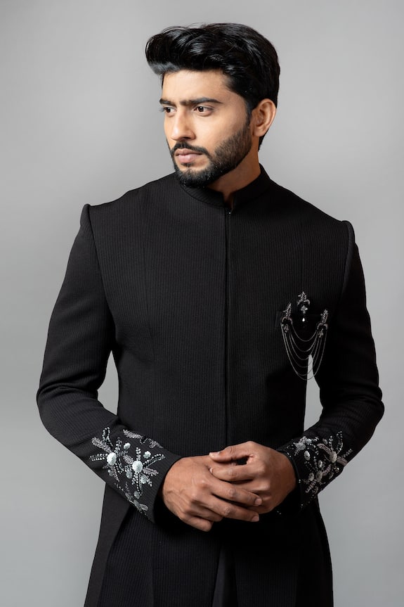 Buy Paarsh Black Jacquard Sherwani And Kurta Set Online | Aza Fashions