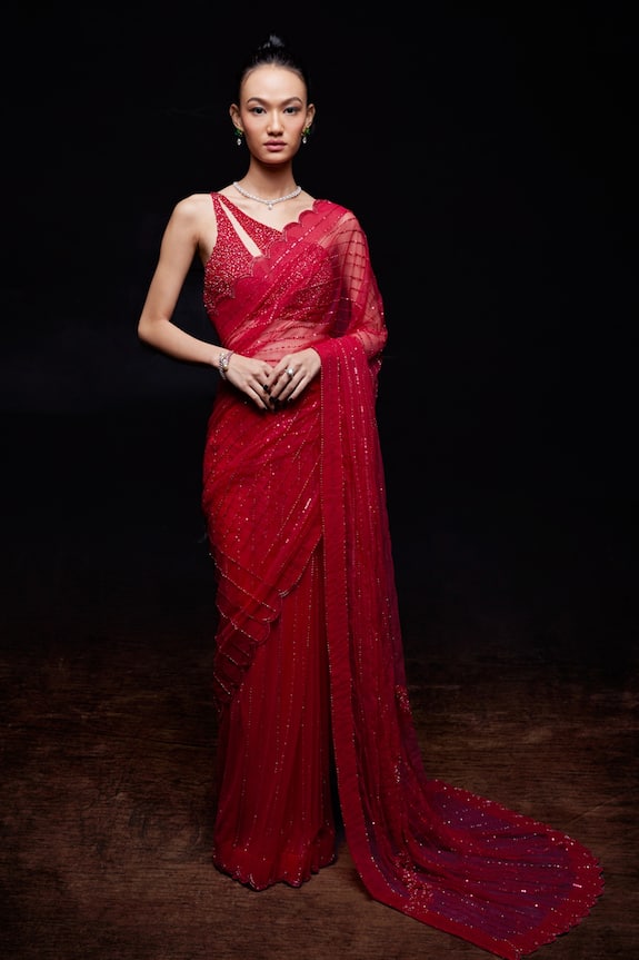 Sawan Gandhi Red Net Embellished Saree With Blouse 1