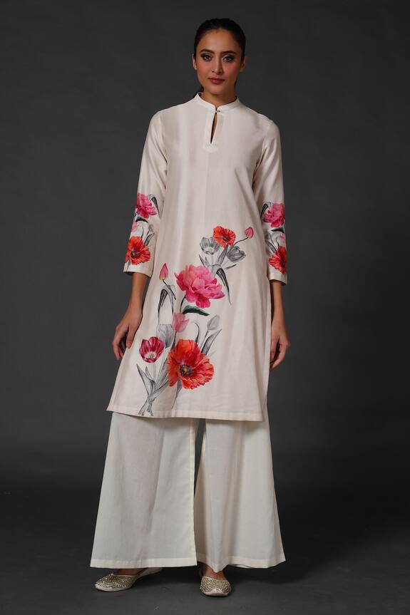 Buy_Balance by Rohit Bal_White Chanderi Floral Print Tunic And Palazzo Set_at_Aza_Fashions