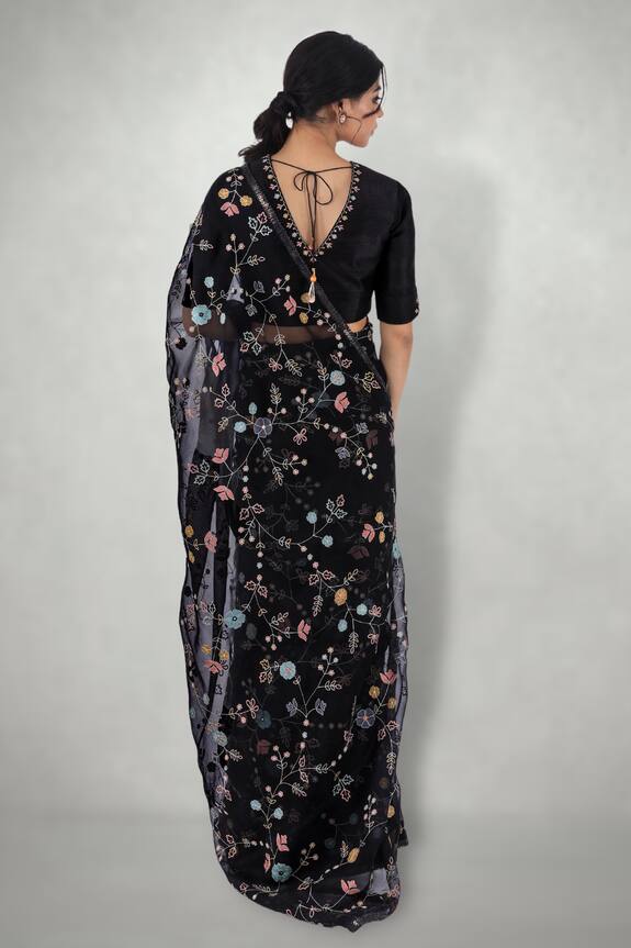I am Design Black Silk Organza Floral Embroidered Saree 2