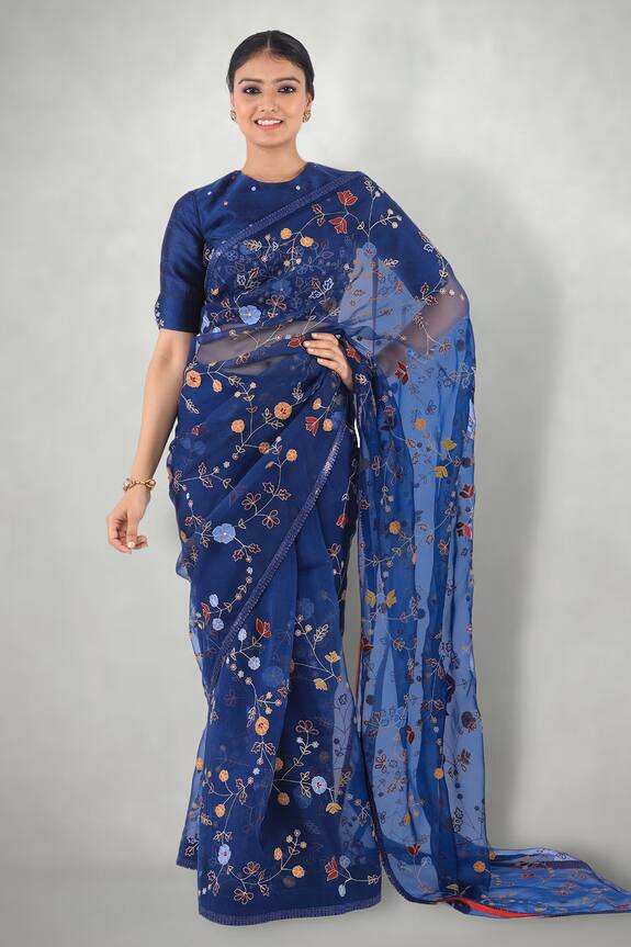 I am Design Blue Silk Organza Aari Embroidered Saree 1