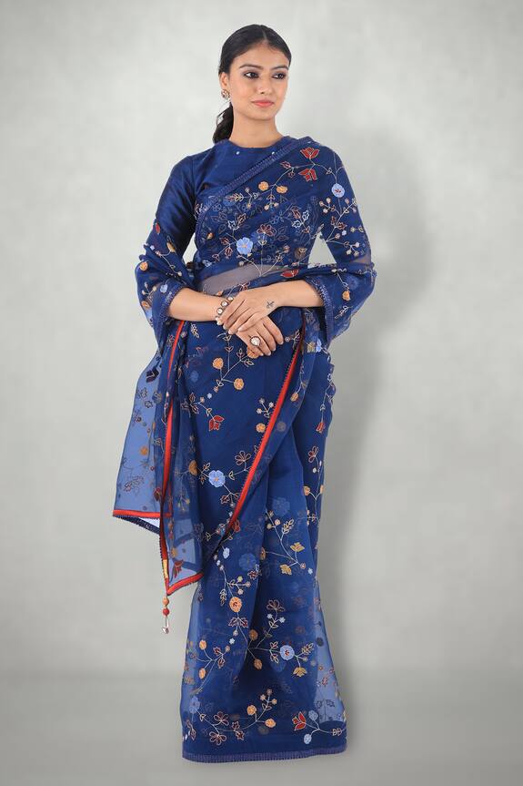 I am Design Blue Silk Organza Aari Embroidered Saree 3