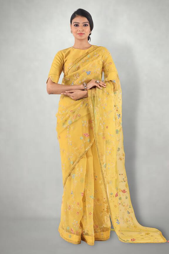 I am Design Yellow Silk Organza Embroidered Saree 3