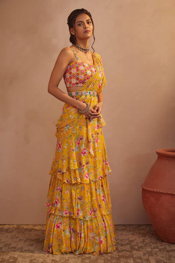 Aneesh Agarwaal Yellow Georgette Floral Print Pre-draped Saree With Blouse 1