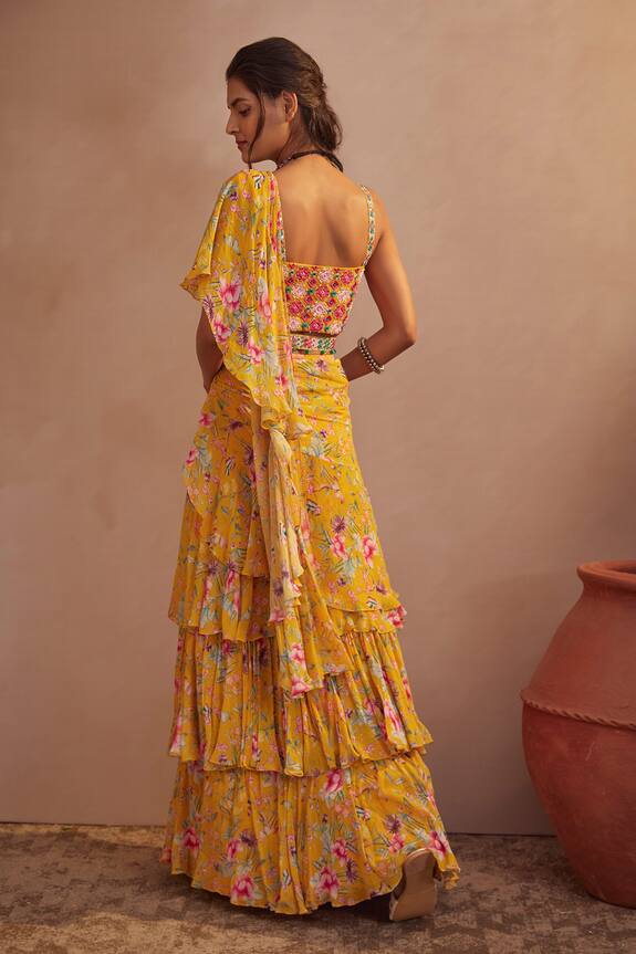 Aneesh Agarwaal Yellow Georgette Floral Print Pre-draped Saree With Blouse 2