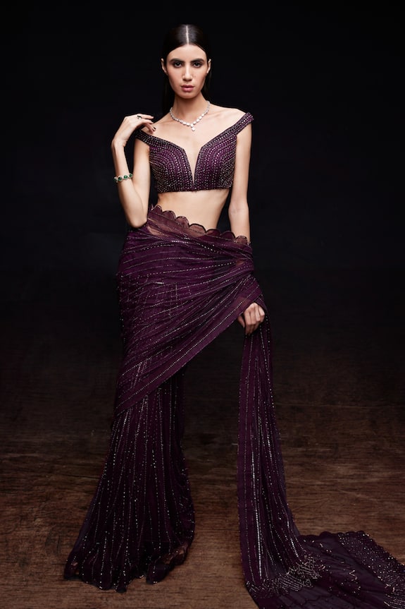 Sawan Gandhi Purple Net Embellished Saree With Blouse 1