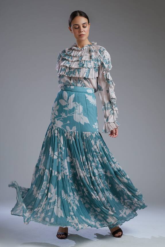 KoAi Blue Georgette Floral Print Tiered Skirt 0