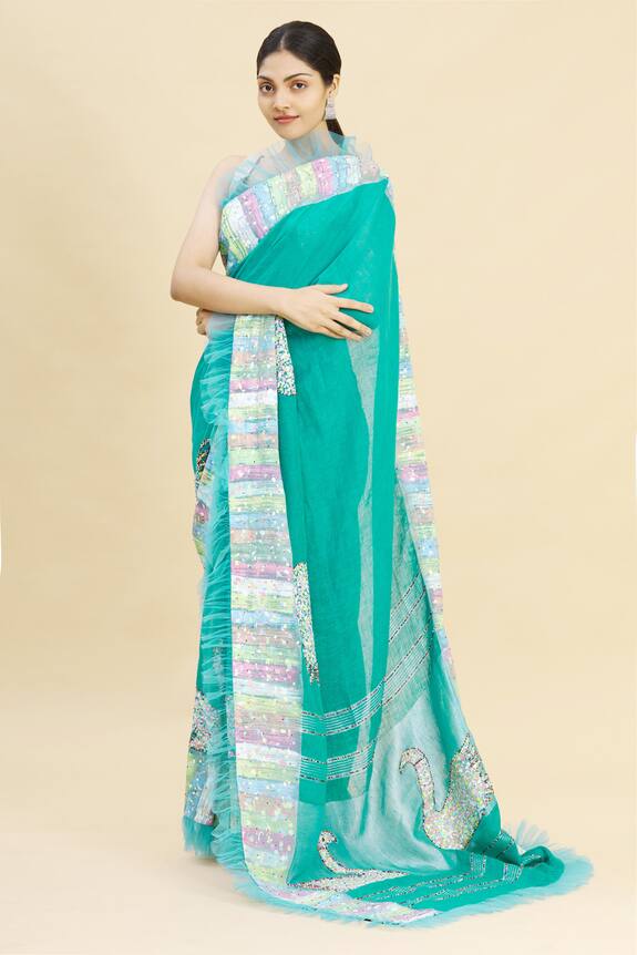 Paksh Blue Printed Linen Saree With Blouse Piece 4