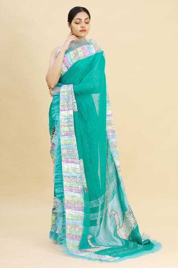 Paksh Blue Printed Linen Saree With Blouse Piece 3