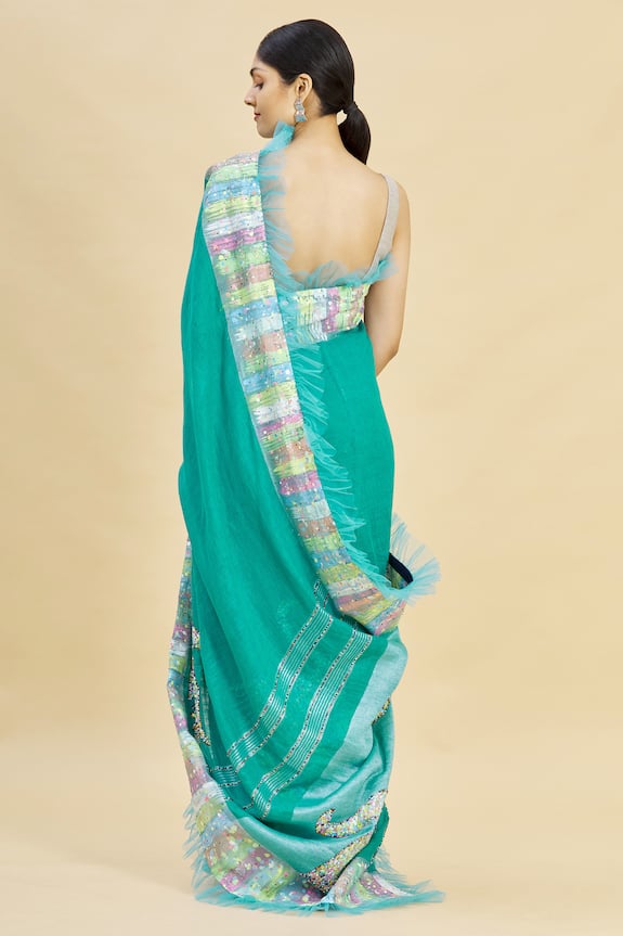 Paksh Blue Printed Linen Saree With Blouse Piece 2