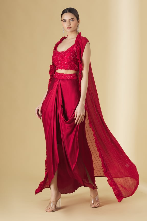 Ariyana Couture Red Silk Organza Jacket And Draped Skirt Set 0