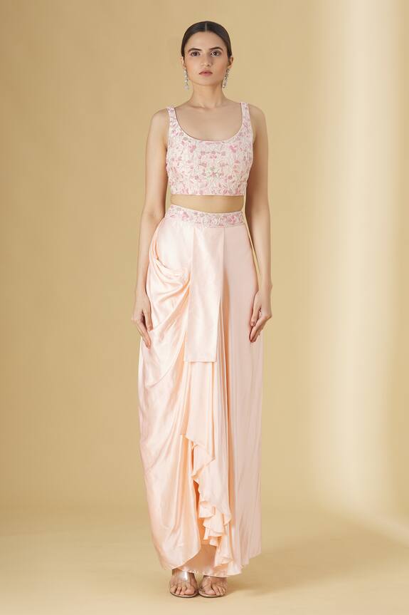 Ariyana Couture Peach Viscose Georgette Embroidered Jacket And Draped Skirt Set 3