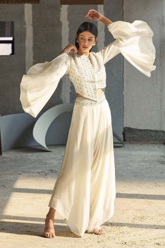 Ariyana Couture White Silk Jacket And Pant Set 1