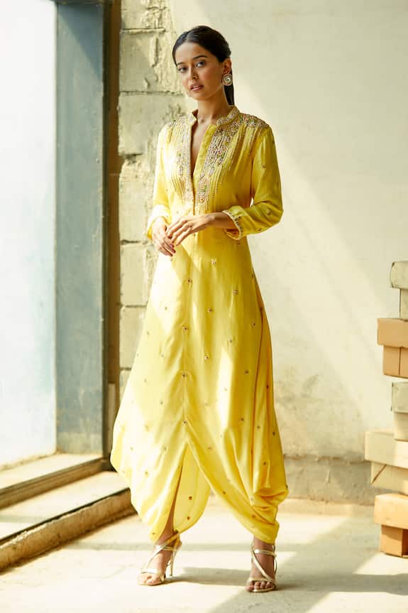 Ariyana Couture Yellow Cotton Silk Embroidered Draped Tunic 1
