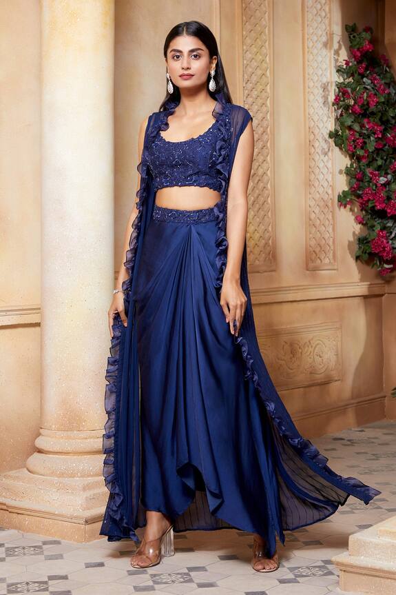 Ariyana Couture Blue Georgette Ruffle Cape And Skirt Set 3