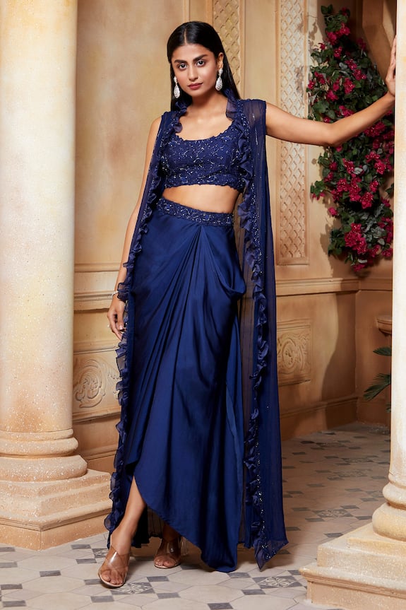 Ariyana Couture Blue Georgette Ruffle Cape And Skirt Set 4