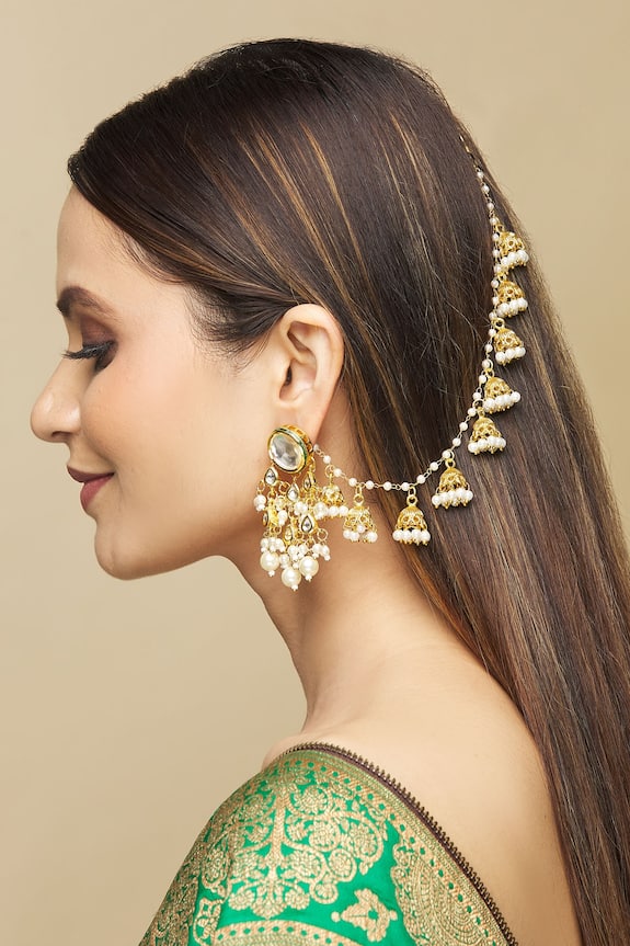 Gold Plated Kundan  Beaded Jhumka with Ear Chain  Titli Design