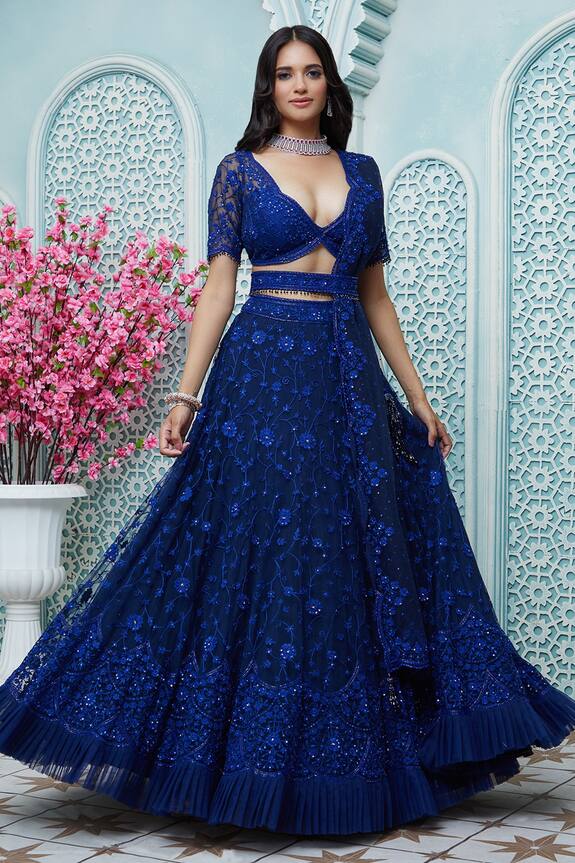 Ariyana Couture Blue Butterfly Net Floral Embroidered Lehenga Set 5