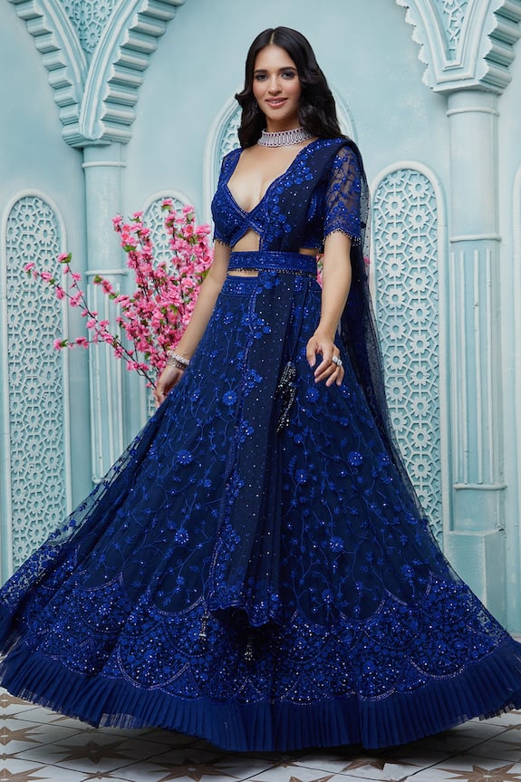 Ariyana Couture Blue Butterfly Net Floral Embroidered Lehenga Set 4