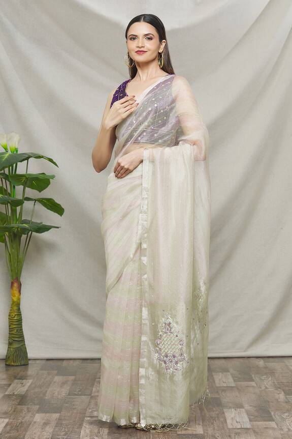 TaBa Kashi by Artika Shah_Green Organza Floral Embroidered Saree_Online_at_Aza_Fashions