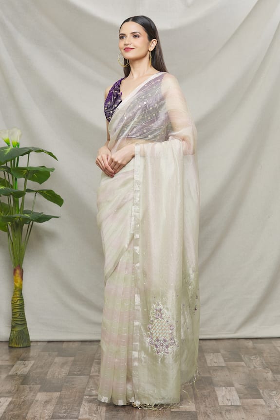 Buy_TaBa Kashi by Artika Shah_Green Organza Floral Embroidered Saree_Online_at_Aza_Fashions