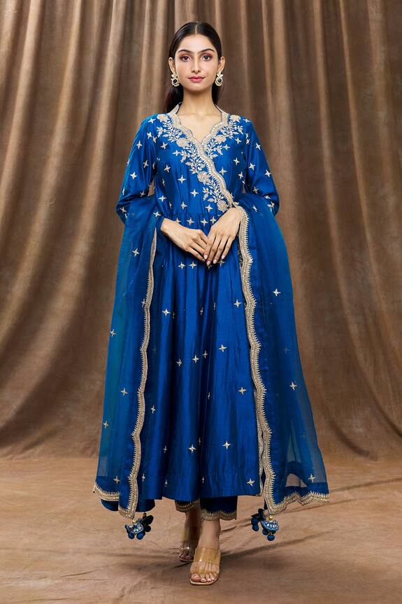 Surbhi shah Blue Pure Spun Silk Embroidered Angrakha Set 1