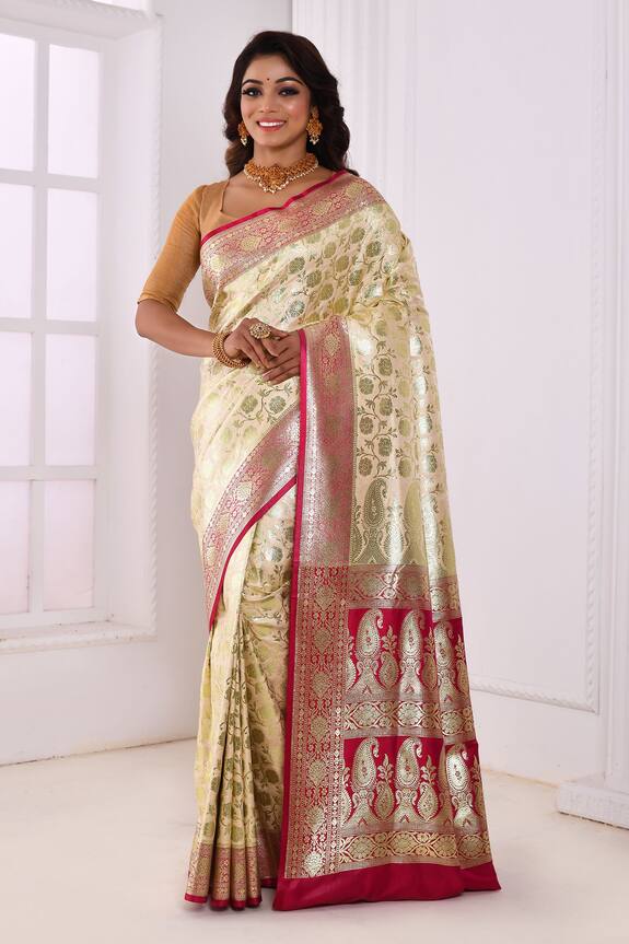 Buy_Nazaakat by Samara Singh_Cream Silk Banarasi Floral And Paisley Woven Saree_at_Aza_Fashions