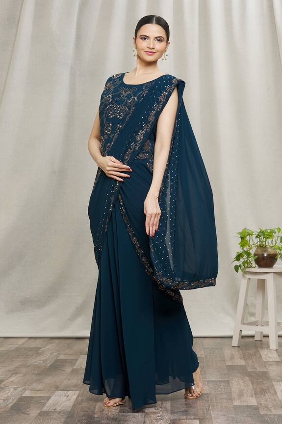 Nazaakat by Samara Singh Blue Georgette Embroidered Saree Gown 1
